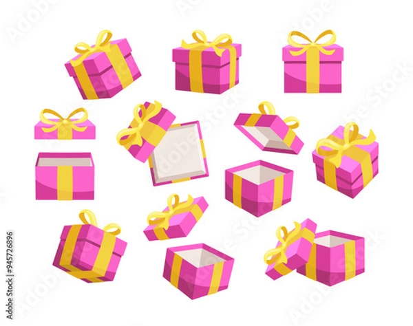 Obraz Set of pink gift boxes with yellow ribbons is floating and rotating on a white background