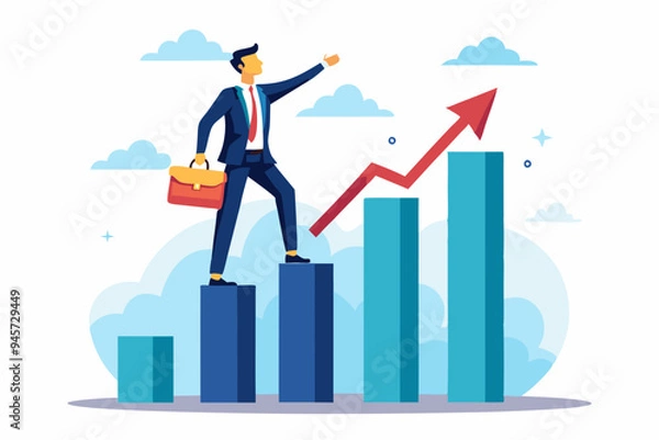 Fototapeta Vision to see next goal, motivation to success, forecast and business prediction, challenge to be better and achieve success concept, confidence businessman step on rise up graph look for next goal
