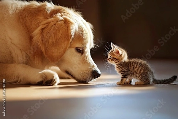 Fototapeta A Heartwarming Moment Between a Dog and Cat at Play, Puppy And Kitten, Dog and Cat Playing Together , ai
