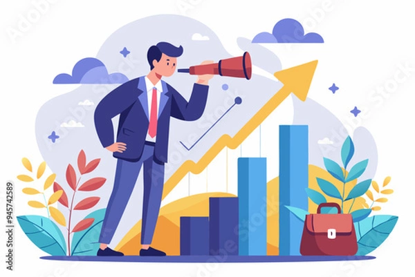 Fototapeta Economic growth forecast, GDP prediction or business vision to grow investment or business, increase profit or earning improvement concept, businessman look on telescope on growth chart diagram
