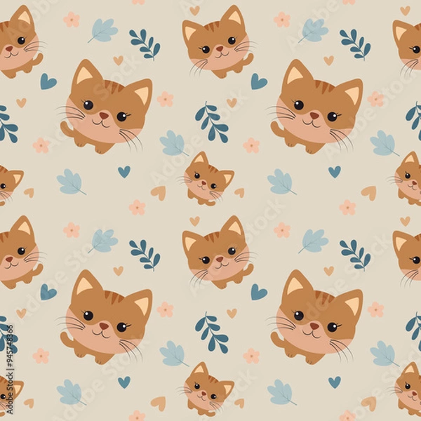 Fototapeta Kittens pattern. Cute children's seamless pattern with kittens. Endless pattern with little cats, hearts and natural elements
