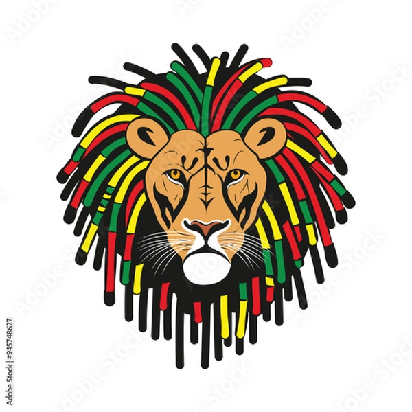 Fototapeta A cool Rastafarian lion with colorful dreadlocks. Vector illustration for tshirt, website, clip art, poster and print on demand merchandise.