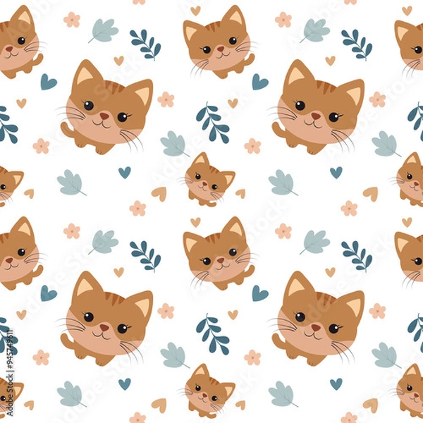 Fototapeta Kittens pattern. Cute children's seamless pattern with kittens. Endless pattern with little cats, hearts and natural elements