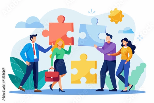 Fototapeta Partnership, teamwork or collaboration to success, solve jigsaw puzzle together, agreement or solution to win corporate trust, cooperation concept, businessman handshake connect jigsaw together.
