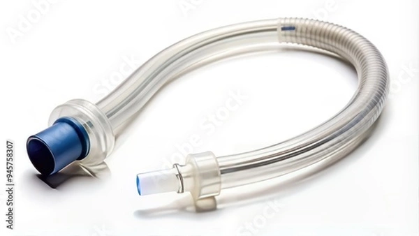 Fototapeta Close-up of a curved endotracheal tube with inflated cuff and connector, isolated on a white background, used for airway management in medical procedures.