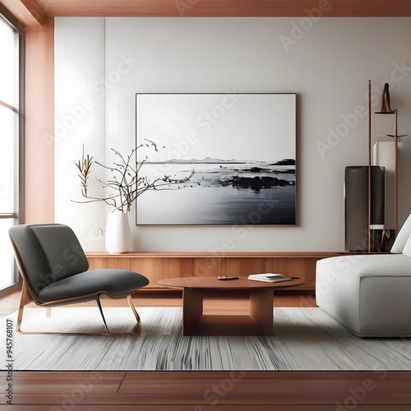 Fototapeta Beside a beige sofa and up against a stucco wall with sandstone wall décor, there is a live edge wooden accent coffee table. Bohemian, itinerant modern living room interior design