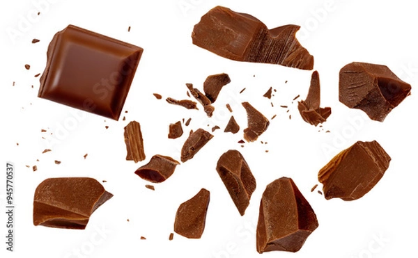 Obraz  Levitating dark chocolate chunks isolated on white background. Broken chocolate bar pieces and cocoa crumbs explotion. Chocolate flakes and  chips Top view. Flat lay..