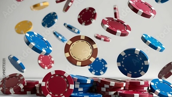 Obraz High-Flying Casino Chips on a White Background, Ai generated Images