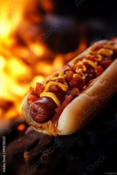 Fototapeta Delicious hot dog topped with mustard and toppings, sitting by a glowing campfire during a summer barbecue