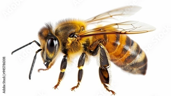 Fototapeta A close-up photograph of a honeybee, isolated on a white background. The bee is in flight, with its wings spread out. It is a symbol of hard work, diligence, and the importance of nature.