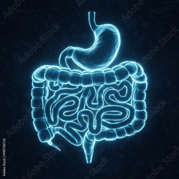 Obraz Human intestines and stomach on blue background. X-ray hologram. 3d-rendering