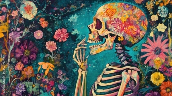 Fototapeta Colorful Skull with Floral Pattern Against a Background of Flowers