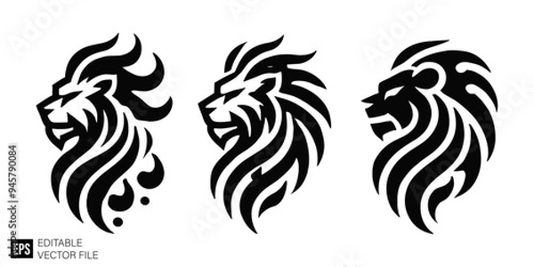 Fototapeta set of lion head graphic design vector clip art black and white silhouette templates