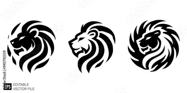Fototapeta set of lion head graphic design vector clip art black and white silhouette templates
