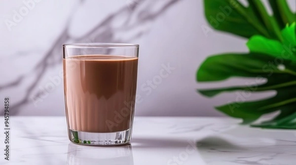 Obraz A refreshing glass of chocolate beverage sits on a marble surface, complemented by green foliage in the background.