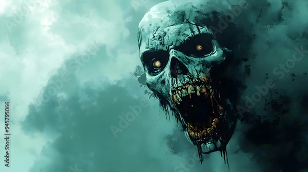Fototapeta Zombie Head with Glowing Eyes, Rotting Flesh, and Sharp Teeth