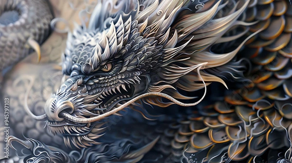 Fototapeta A close-up of a majestic, silver dragon with a fierce expression, its scales shining with gold.
