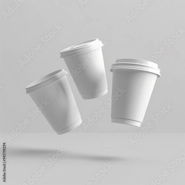 Obraz Floating White Disposable Coffee Cups on Grey Background