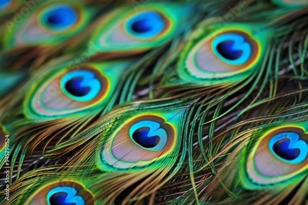 Fototapeta Stunning peacock feathers showcase vibrant colors and intricate designs. The vivid patterns are a symbol of beauty and nature. Perfect for artistic projects. Generative AI