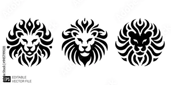Fototapeta set of lion head graphic design vector clip art black and white silhouette templates