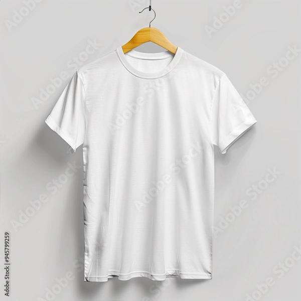 Fototapeta Plain White T Shirt on Wooden Hanger Against Grey Background
