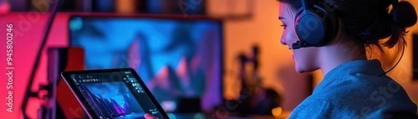 Fototapeta A focused individual wearing a headset, engaged in digital art creation on a tablet in a colorful, tech-inspired setting.