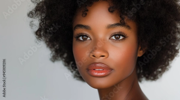 Fototapeta Elegant young woman with natural afro hair, looking confidently at the camera, showcasing her flawless skin and poised expression.