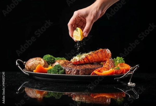 Obraz Gourmet surf and turf dish with lobster tail, steak, and vegetables garnished with lemon on a reflective black surface