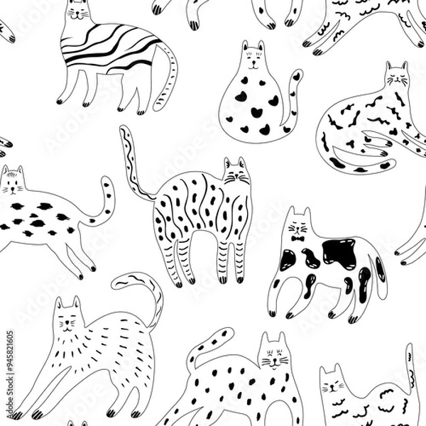 Fototapeta Seamless pattern with hand drawn cats. Simple illustration in doodle style.