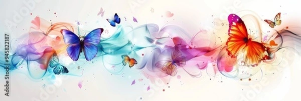 Fototapeta A vibrant and ethereal watercolor design featuring colorful butterflies flying through abstract swirling patterns, symbolizing freedom, transformation, beauty, and delicate movement.