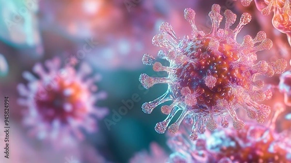 Fototapeta Monkeypox Virus Concept, Close-Up of Virus Pathogen with Spiky Surface in Pink and Orange Tones