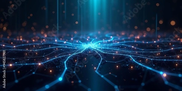 Fototapeta Digital Network Expansion: Illuminated Blue Connections Illustrating Global Data Communication Growth