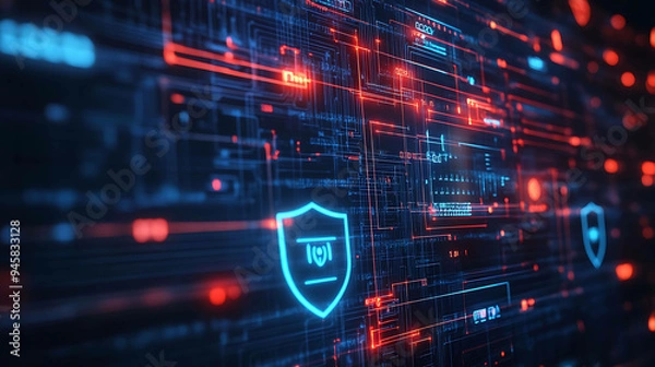 Fototapeta Abstract digital background with glowing lines and a shield with IoT logo.