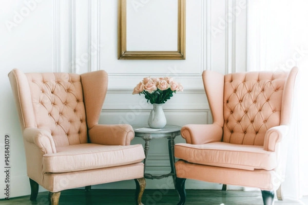 Fototapeta Elegant scene with two pink armchairs and a bouquet of flowers between them, showcasing sophistication and refined taste.