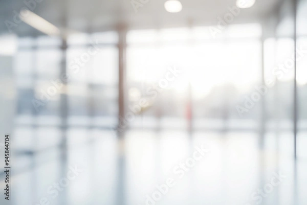 Fototapeta A blurred view of an empty modern office space with large windows and a bright ambiance extending serenity and cleanliness.
