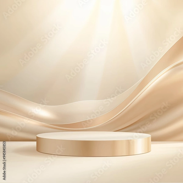 Obraz Empty golden round product display podium on a soft wavy background with light rays
