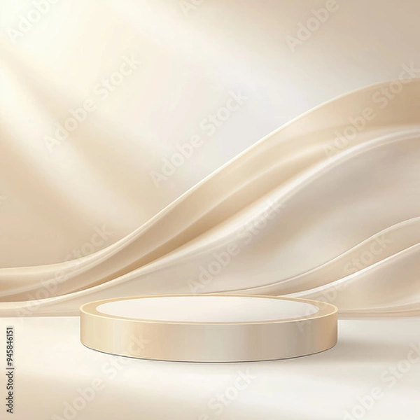 Obraz Empty golden round product display podium on a soft wavy background with light rays