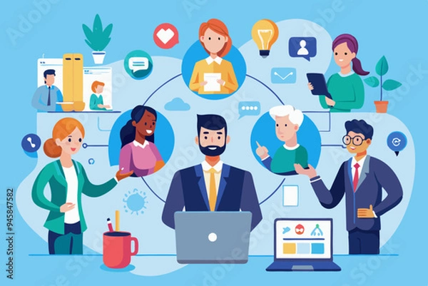 Obraz Vendor, third party or outsourcing, work with client or colleagues virtually, contractors or supplier, provider or partner concept, business people work virtually together collaborate for success. 
