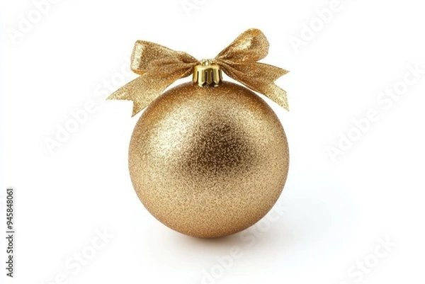 Obraz Elegant gold Christmas ball with a decorative bow on a simple white background