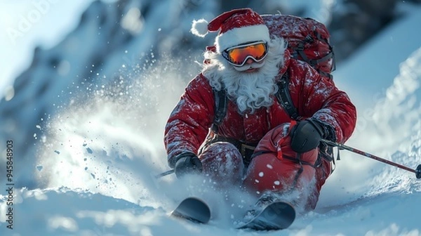 Obraz Santa Claus Skiing Down a Mountain.