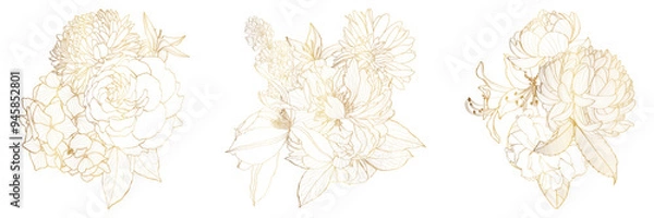 Fototapeta Decorative golden peony roses flowers, design elements. Can be used for cards, invitations, banners, posters, print design. Golden floral background in line art style.