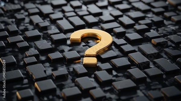 Fototapeta A gold question mark is placed on a black background