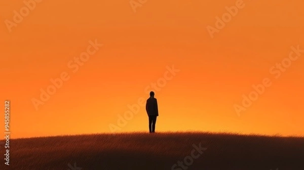 Fototapeta A solitary figure stands on a grassy field, silhouetted against a brilliant orange sunset. The image evokes feelings of solitude, contemplation, and the vastness of the natural world. The person's sta