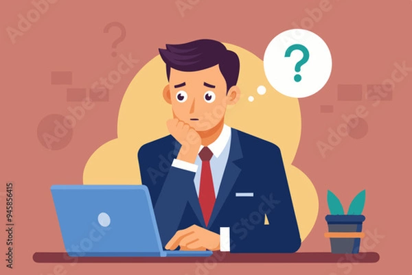 Fototapeta Contemplation, doubt or unsure, curiosity thinking to solve problem, question in the head, uncertainty or confusion, decision concept, businessman thinking on computer laptop with doubt question mark.