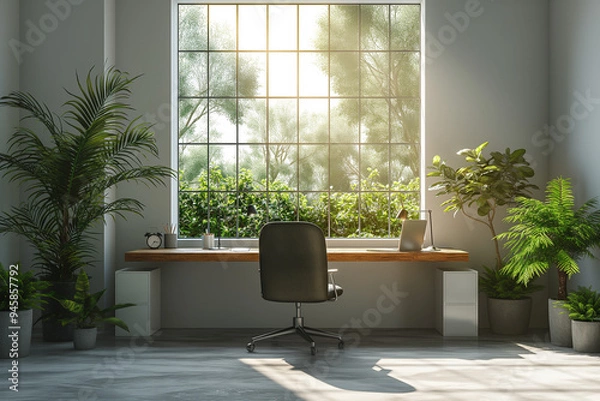 Fototapeta A minimalistic white modern room featuring a sleek desk and chair. The design is clean and simple, with the desk and chair placed against a plain white wall. Exudes a sense of openness and simplicity
