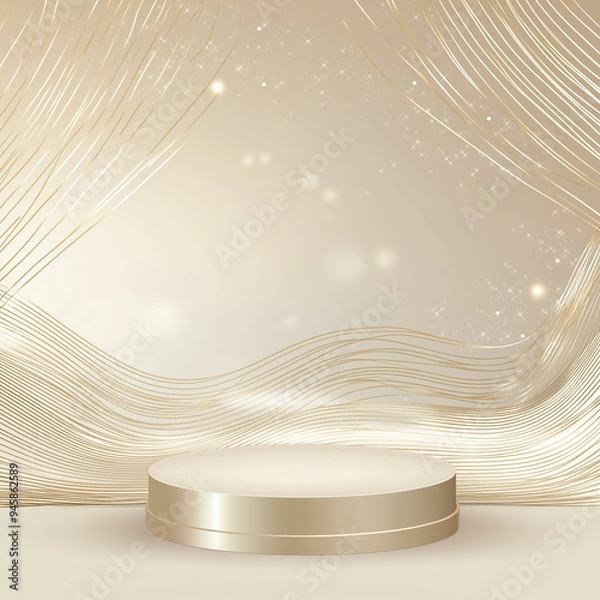 Obraz Empty golden round product display podium on a soft wavy lines background 
