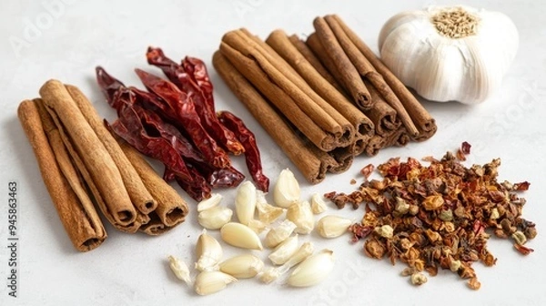 Fototapeta A collection of spices and garlic arranged for culinary use.