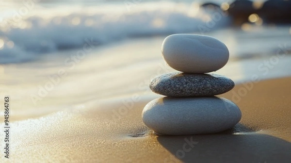 Fototapeta Smooth stones balanced on a sandy beach, representing Zen principles and relaxation by the water.