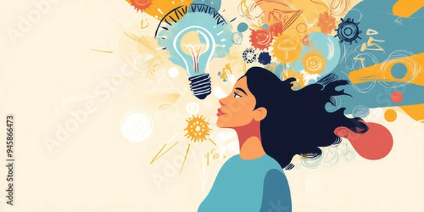 Fototapeta vector illustration of a woman who finds the solution, brainstorming, clear mind and big ideas