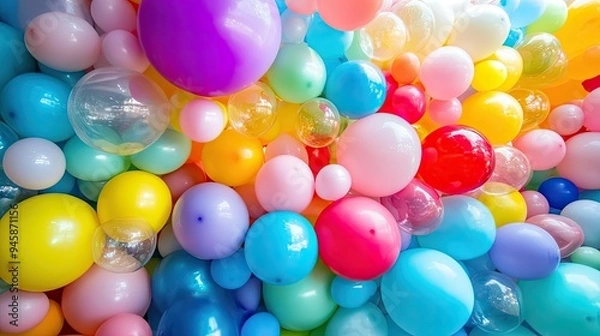 Obraz Vibrant balloon display on a birthday banner, full of color and excitement, ready for any celebration.